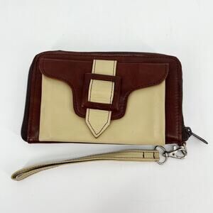 Leaders in Leather Wristlet Wallet Purse Clutch Beige Cognac Brown Zip Around